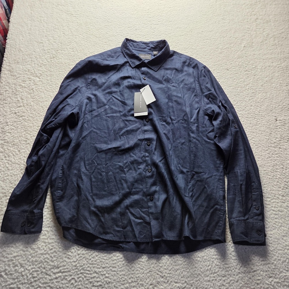 Perry Ellis Shirt Mens 2XL Blue Linen Blend Long Sleeve Standard Fit Button-Up